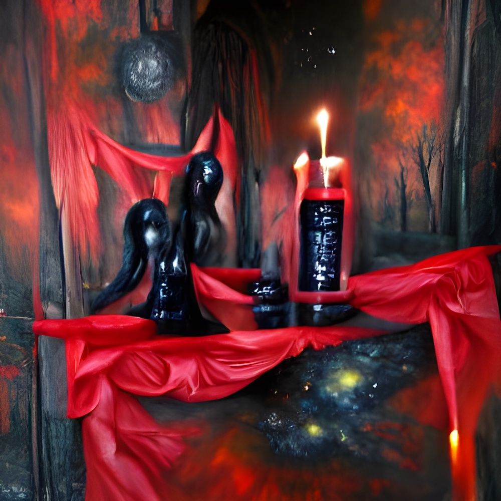 Open doorways, two red candles, and black statues looking up to the Gatekeeper.