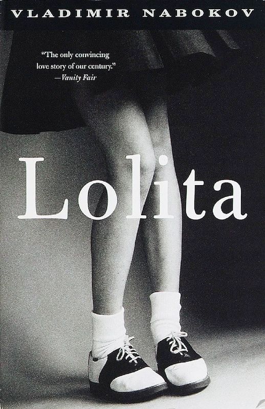 Cover of the book Lolita by Nabokov showing a b&w photo of a girl's legs wearing a skirt and two-toned shoes