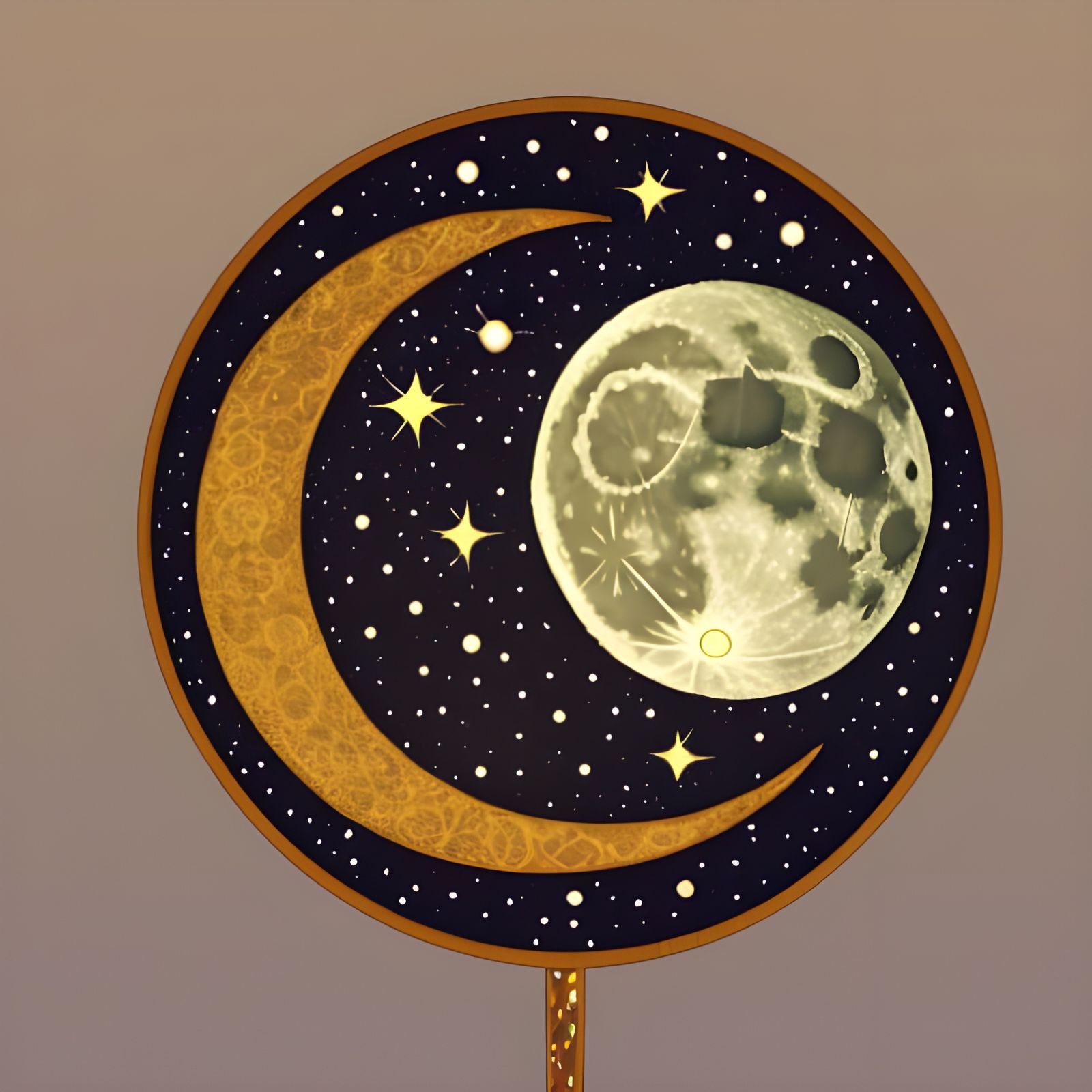 Channeled image of illustration of crescent, stars, and moon on a circular background