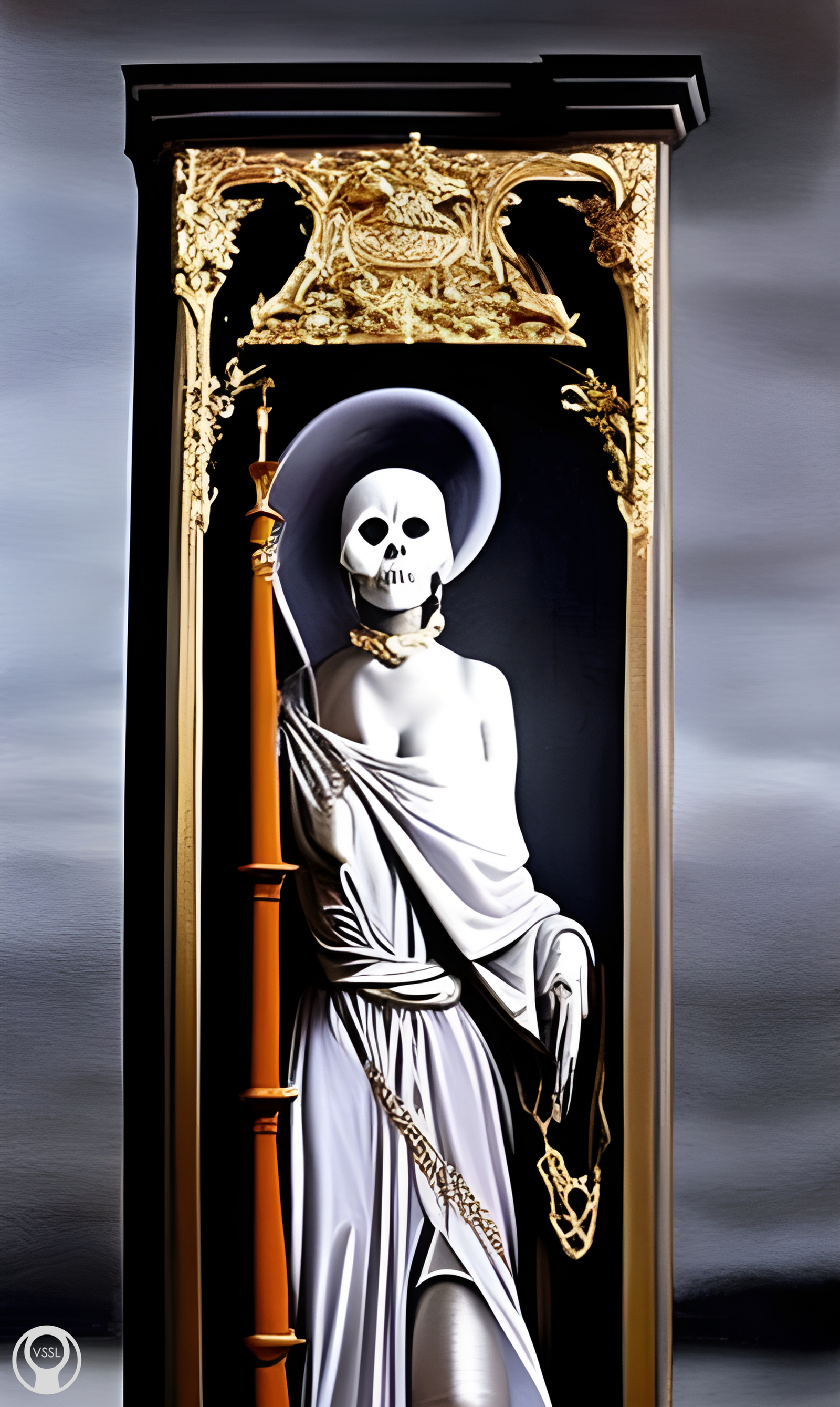 Channeled image of a skull-headed figure in white inside a box with gold trim