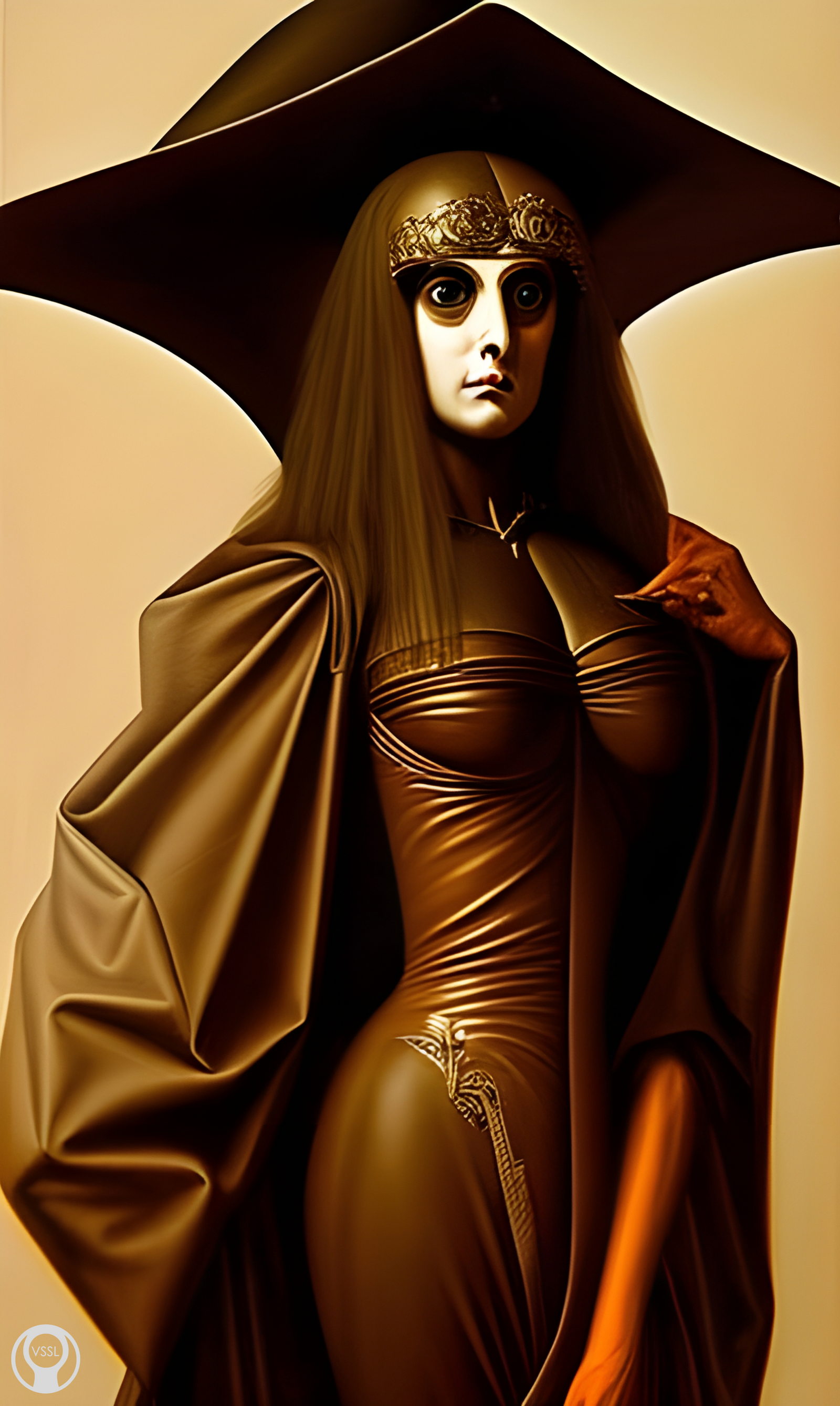 Channeled image of a woman wearing a brown squre hat and dress