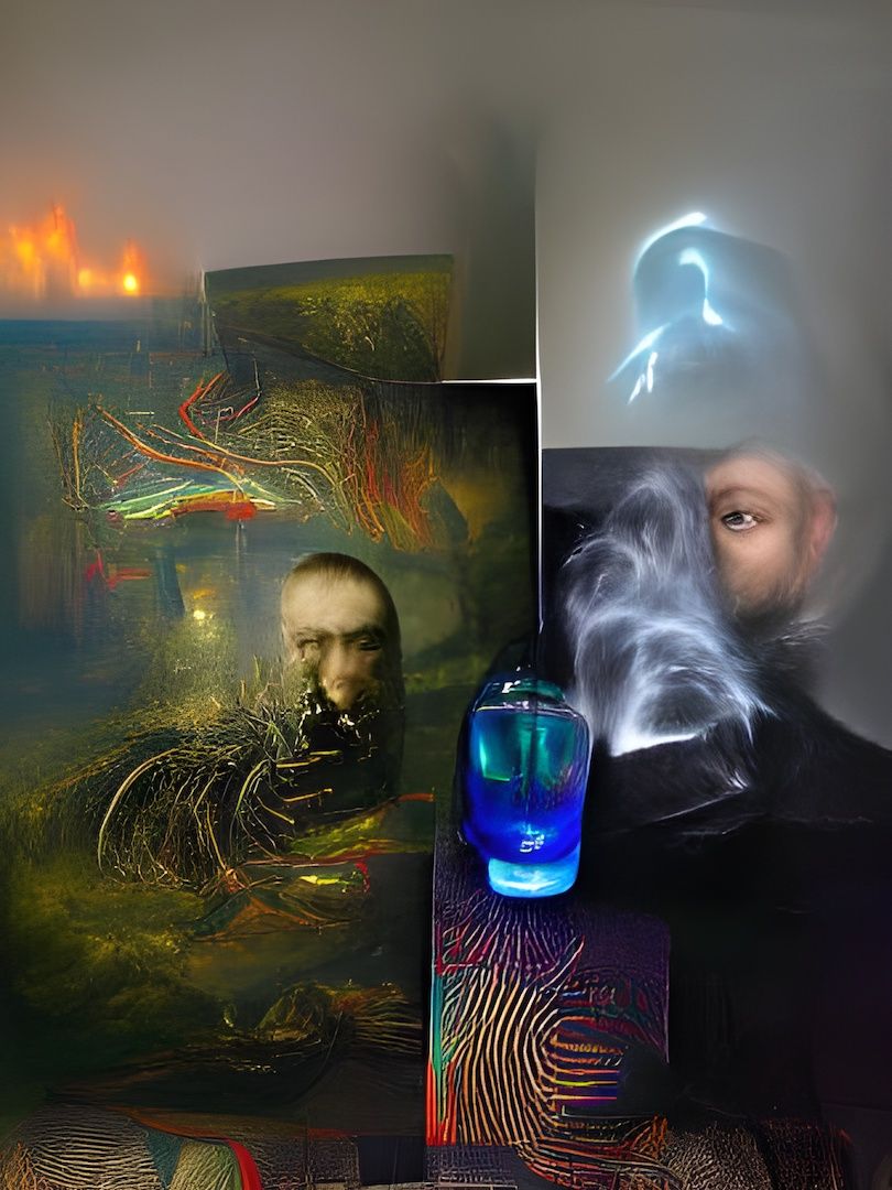 Channeled ai-generated image of faces, paintings, and other vessels in a smoky space