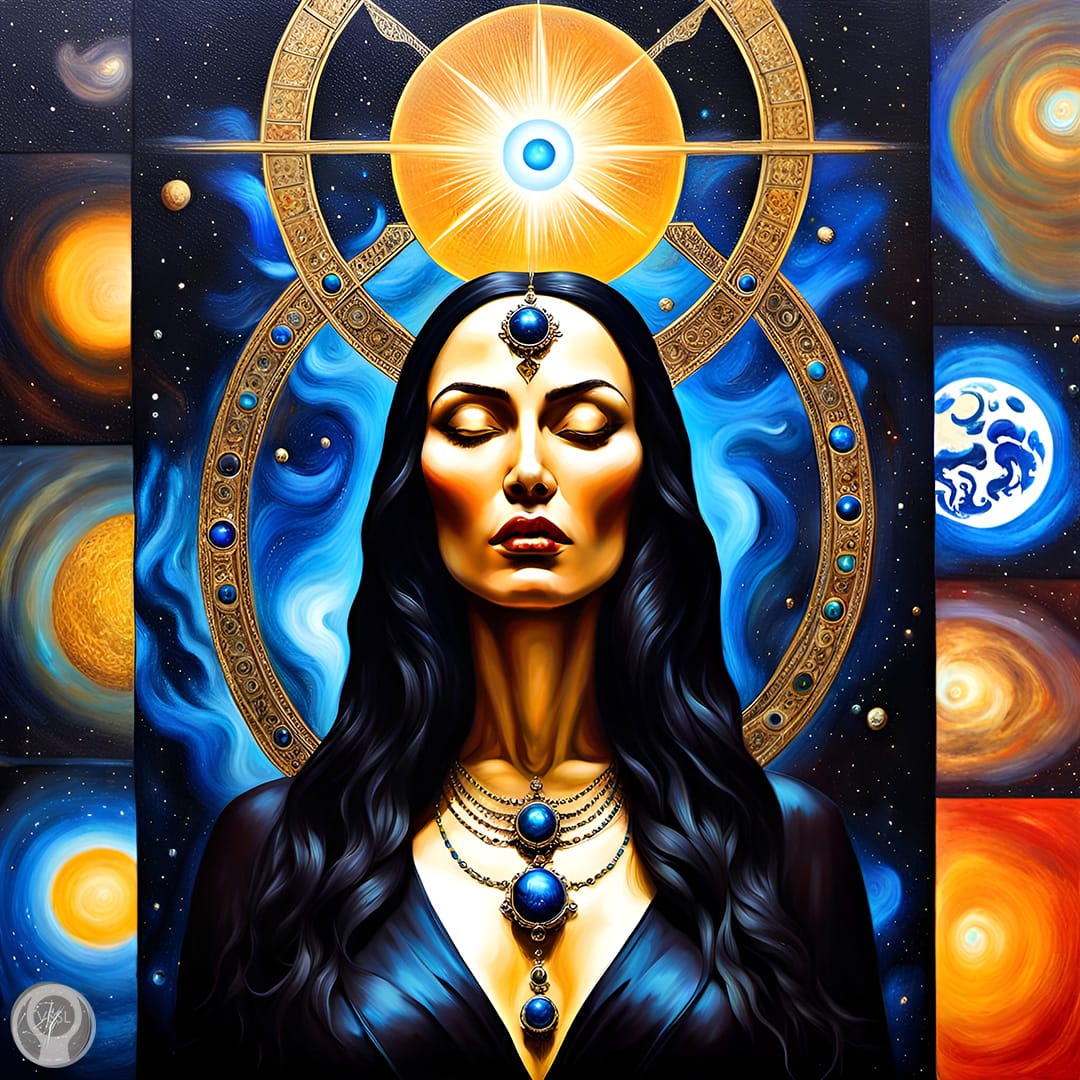 A close-up oil-painting style portrait of a cosmic goddess-like figure surrounded by planetary bodies.